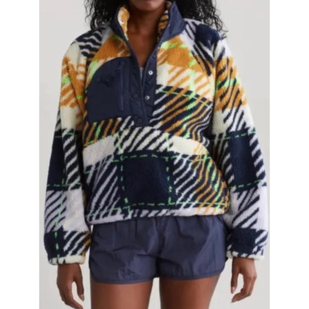 Free People Movement Hit The Slopes Jacket Plaid Fleece Pullover Snap Button M